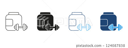 Protein Powder Container And Dumbbell Line and Silhouette Icon Set. Bodybuilding, Muscle Building, Fitness Supplement Outline and Solid Symbol. Editable Stroke. Isolated Vector Illustration 124087838