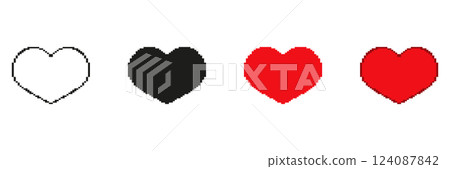 Pixel Heart Shapes In Red Black And Outline With Animation Stages Pixelated Icon Set. Pixel Art Symbol Collection Of Hearts In Different Colors And Styles. Isolated Vector Illustration 124087842