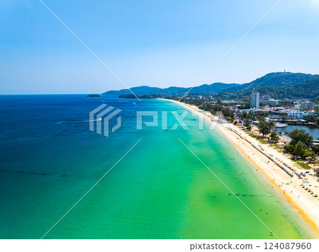 Amazing sea background,Summer blue sky over sea background,Beautiful ocean at Phuket island Thailand,High angle view drone shot 124087960