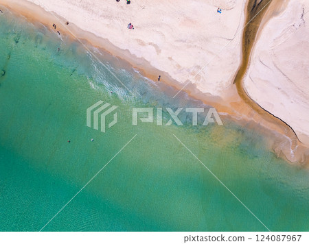 Top view Beautiful beach nature sea,Amazing landscape waves crashing on sand in summer background,Wide angle drone shot Top view Beautiful beach nature sea,Amazing landscape waves crashing on sand in summer background,Wide angle drone shot 124087967