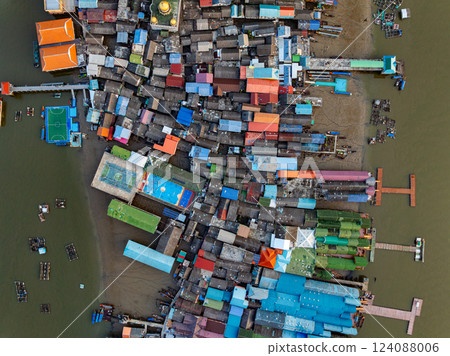 Aerial view of Panyee island in Phang Nga Thailand,Wide angle landscape Floating village, Koh Panyee fishing village island in Phang Nga, Thailand Aerial view of Panyee island in Phang Nga Thailand,Wide angle landscape Floating village, Koh Panyee fishing village island in Phang Nga, Thailand 124088006