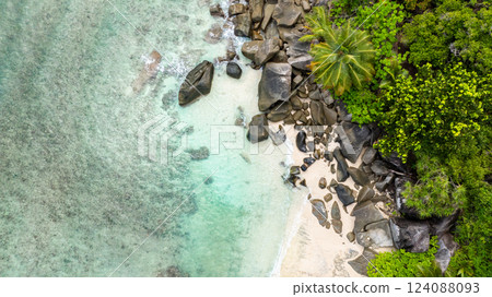 Thick green foliage with palm trees extending to a white sandy beach with gentle waves. Butzel Beach. Seychelles, Mahe. Thick green foliage with palm trees extending to a white sandy beach with gentle waves. Butzel Beach. Seychelles, Mahe. 124088093