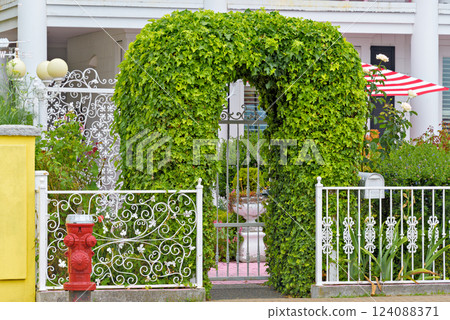 Patterned forged fence with green ivy arch in front of residential house 124088371