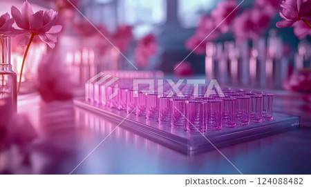 A close-up of pink liquid bubbling and overflowing from test tubes in a laboratory. A vibrant scientific and chemistry experiment in progress 124088482
