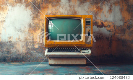 A vintage desktop computer sits on a wooden desk surrounded by plants and office supplies, evoking nostalgia for old technology in a warm, retro workspace 124088483