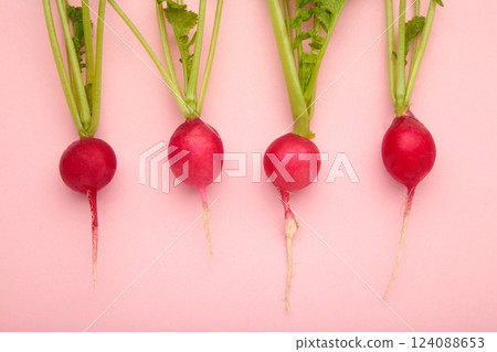 Red radish with leaves on pink background. Flat lay 124088653