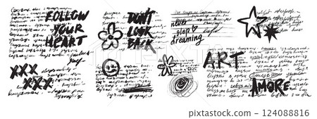Handwriting scribble set, vector doodle diary note illustration, abstract messy quote graphic design Handwriting scribble set, vector doodle diary note illustration, abstract messy quote graphic design 124088816