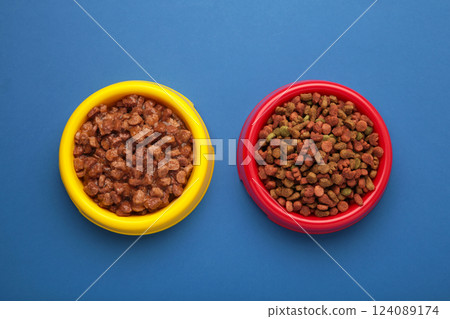 Wet and dry pet food in feeding bowls on blue background. 124089174