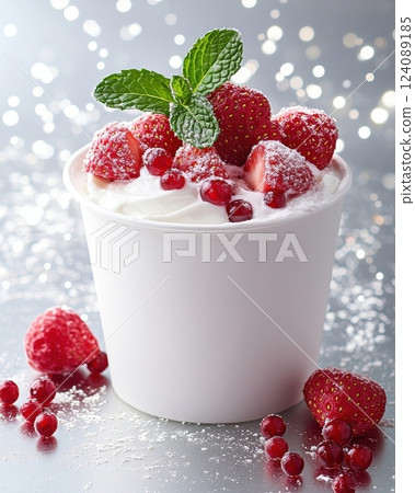 The image shows a glass of yogurt decorated with fresh strawberries and mint, sprinkled with powdered sugar. The perfect combination of ingredients creates a visually appealing. The image shows a glass of yogurt decorated with fresh strawberries and mint, sprinkled with powdered sugar. The perfect combination of ingredients creates a visually appealing. 124089185
