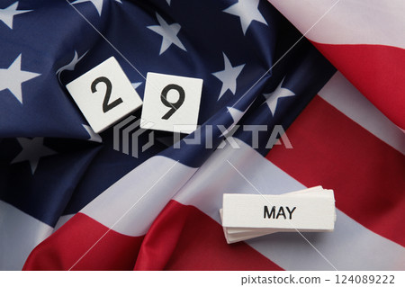 Cube calendar with date 29 May of Memorial Day on USA flag 124089222