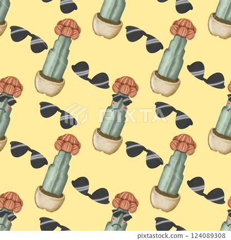 Seamless Pattern with Cactus Plants. Variety cute of different types of cactus, hand drawn. 124089308
