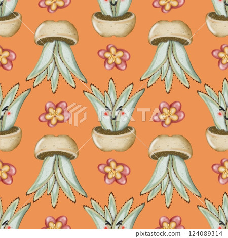 Seamless Pattern with Cactus Plants. Variety cute of different types of cactus, hand drawn. Seamless Pattern with Cactus Plants. Variety cute of different types of cactus, hand drawn. 124089314