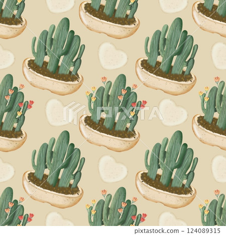 Seamless Pattern with Cactus Plants. Variety cute of different types of cactus, hand drawn. 124089315