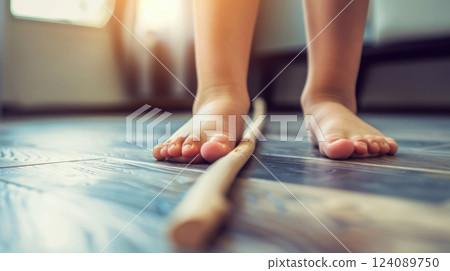 Child Standing Barefoot on Wooden Stick for Foot Arch Training 124089750