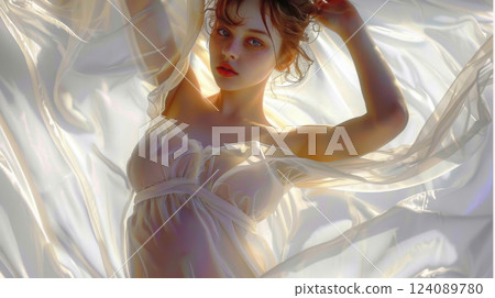 Ethereal Girl Draped in Translucent White Fabric Ethereal Girl Draped in Translucent White Fabric 124089780