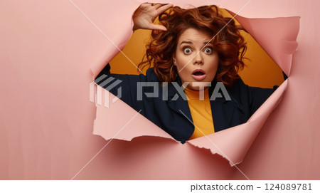 Surprised Redhead Woman Breaking Through Pink Paper 124089781