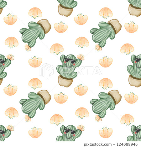 Seamless Pattern with Cactus Plants. Variety cute of different types of cactus, hand drawn. 124089946