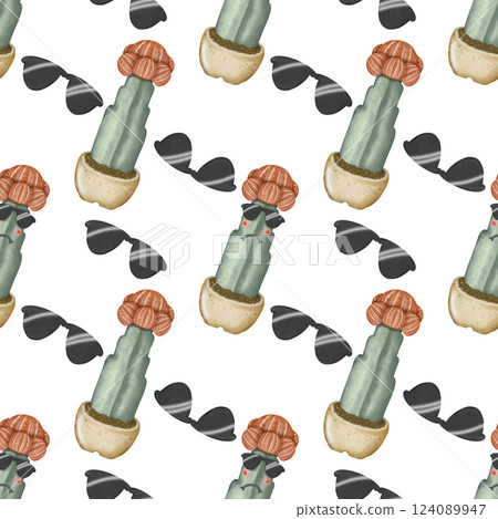 Seamless Pattern with Cactus Plants. Variety cute of different types of cactus, hand drawn. 124089947