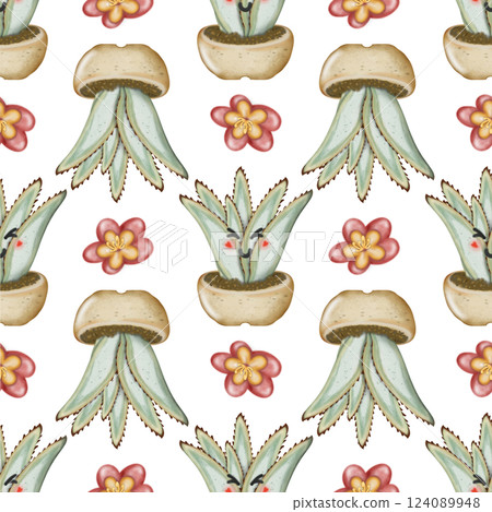 Seamless Pattern with Cactus Plants. Variety cute of different types of cactus, hand drawn. 124089948
