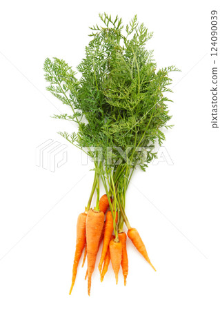 Bunch of baby carrots isolated on white background Bunch of baby carrots isolated on white background 124090039