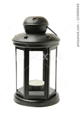 Vintage black lantern with candle isolated on white background. Vintage black lantern with candle isolated on white background. 124090049