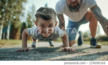 Father and Son Doing Exercises Outdoors 124090168