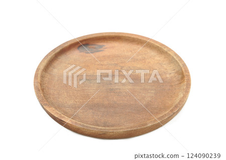 Empty wooden tray isolated on white background. Rectangular wooden dish 124090239