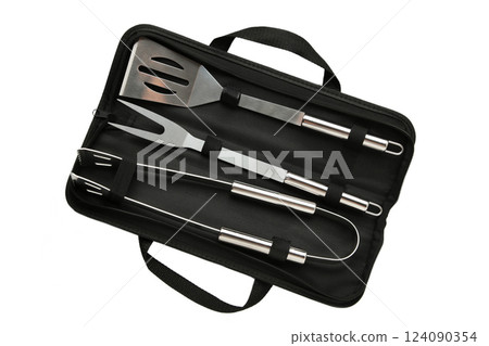 Barbecue accessories in black case isolated on white background. 124090354