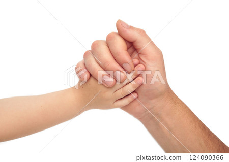 Father holding daughter hand isolated on white background. 124090366