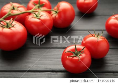 Red, ripe tomatoes on a dark background. Harvesting tomatoes. 124090510