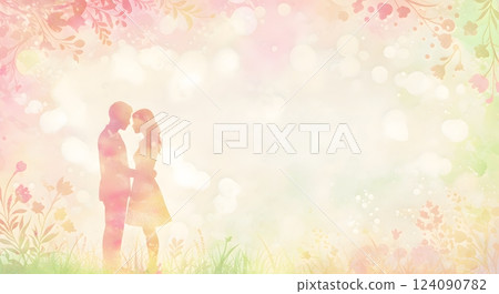 Romantic Silhouette of Couple in Floral Background, Dreamy Love Scene Romantic Silhouette of Couple in Floral Background, Dreamy Love Scene 124090782