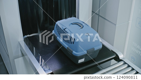 Security Officer Taking Carrying Cases for Pets Moving from X-ray Scanning Machine Security Officer Taking Carrying Cases for Pets Moving from X-ray Scanning Machine 124090811