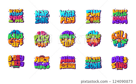 Set of Hand-Drawn Kids Zone Stickers. The Lettering Room Names, Badges and Patches, and Logo on an isolated background 124090873