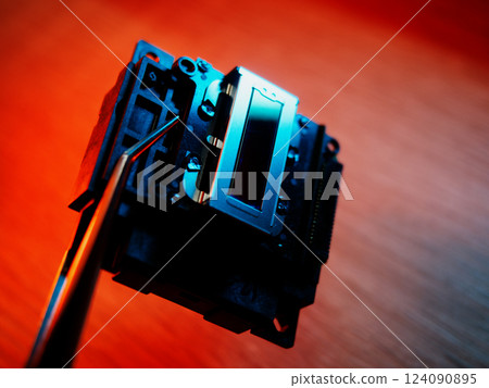 Inkjet Print Head details. Piezoelectric Printing Technologies. Miniature Color Ink Jet Nozzles for Photorealistic High Resolution Printing. Control cable connector. October 10, 2024 - Rovinj, Croatia Inkjet Print Head details. Piezoelectric Printing Technologies. Miniature Color Ink Jet Nozzles for Photorealistic High Resolution Printing. Control cable connector. October 10, 2024 - Rovinj, Croatia 124090895