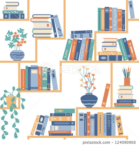 Books on shelves seamless pattern. Bookcase or bookshelves library or bookstore background 124090908