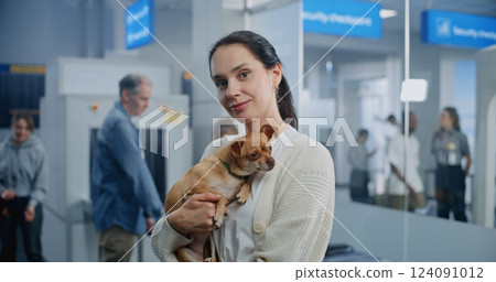 Airport Terminal: Portrait of Happy Woman with Dog Smiling, Looking at Camera Airport Terminal: Portrait of Happy Woman with Dog Smiling, Looking at Camera 124091012