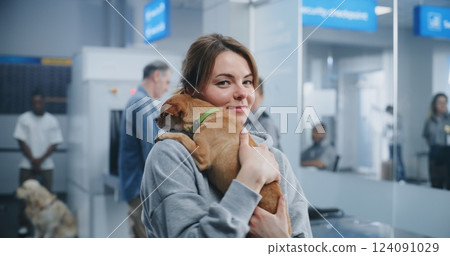 Airport Terminal: Portrait of Happy Woman Holding Her Dog, Smiling, Looking at Camera Airport Terminal: Portrait of Happy Woman Holding Her Dog, Smiling, Looking at Camera 124091029