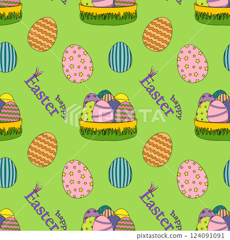 Seamless Pattern with Colorful Easter Eggs and Baskets Seamless Pattern with Colorful Easter Eggs and Baskets 124091091