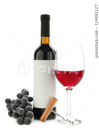 Ripe grapes, wine glasses and bottles of wine isolated on white Ripe grapes, wine glasses and bottles of wine isolated on white 124091127