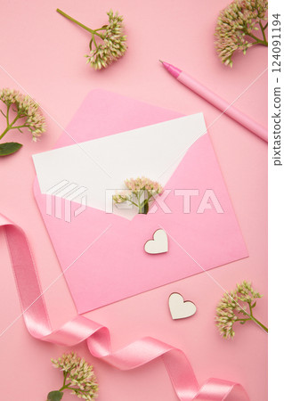 Composition with envelope and beautiful flowers on pink background. Vertical photo 124091194