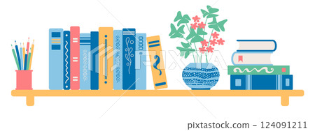 Books at bookshelf, school education or bookstore shelf, library bookcase vector illustration set Books at bookshelf, school education or bookstore shelf, library bookcase vector illustration set 124091211