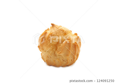 Homemade profiterole with cream isolated on a white background. Fresh baked golden profiterole. 124091250