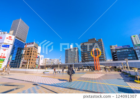 View of Tokyo cityscape in Japan, including Ueno Station and Tokyo Skytree. Towards a new era 124091307