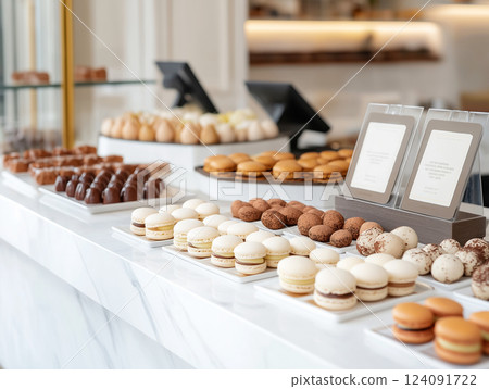 A luxury gourmet dessert shop in Paris, featuring colorful macarons and chocolate truffles 124091722