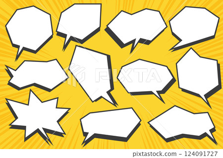 Comic speech bubble. Anime vector text cloud. Cartoon balloon box with shadow effect on colored background. Cute graphic shapes for sale design and banners. Comic speech bubble. Anime vector text cloud. Cartoon balloon box with shadow effect on colored background. Cute graphic shapes for sale design and banners. 124091727