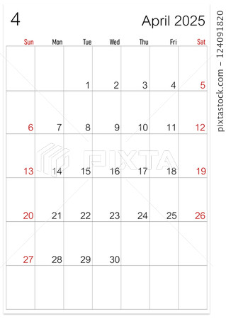 April 2025 calendar page isolated on white background. 124091820