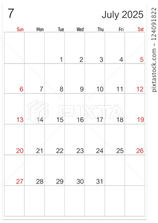 July 2025 calendar page isolated on white background. July 2025 calendar page isolated on white background. 124091822