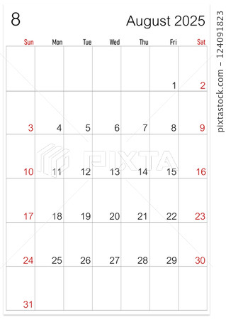 August 2025 calendar page isolated on white background. 124091823