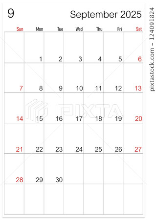 September 2025 calendar page isolated on white background. 124091824