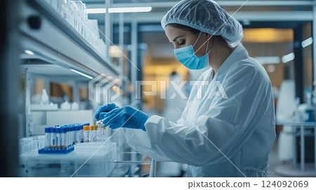 Dedicated Physician in Crisp White Coat at Modern Clinical Workstation, Meticulously Preparing Medication in a Bright and Sterile Environment Filled with Medical Supplies 124092069